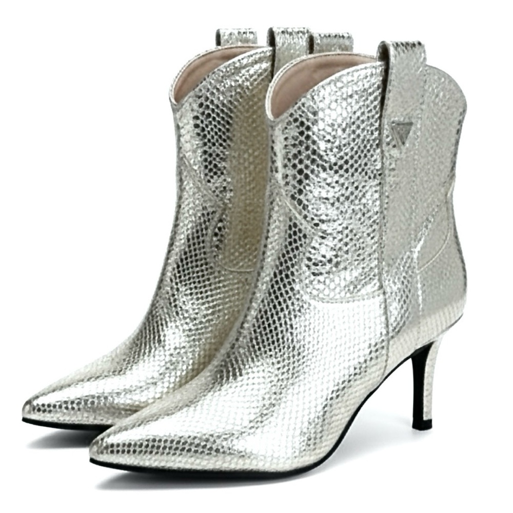 Guess Women’s Silver Snakeskin Western Disco Stiletto Ankle Boots Size 5.5 NWOT